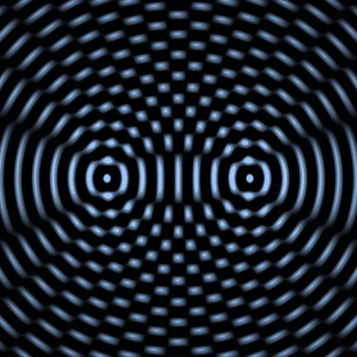 Two-source wave interference — coherent point sources superposed into a moving ripple field